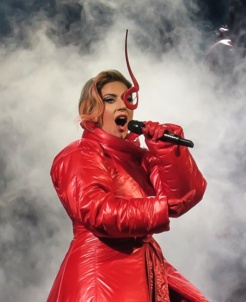 Lady Gaga performs in a bizarre red costume as she brings the “Joanne” tour to The Forum in Los Angeles, CA