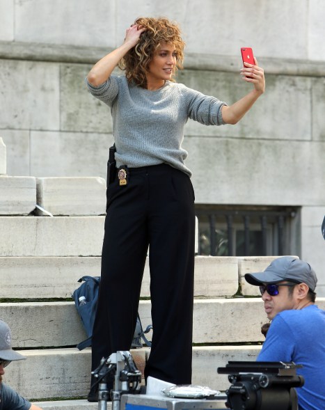 Jennifer Lopez on set filming Shades of Blue in downtown Brooklyn in New York City.