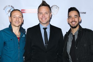 LOS ANGELES, CA - NOVEMBER 14: (L-R) Musicians Chester Bennington, Mark Hoppus and Mike Shinoda attend the Relief Live Benefit at L.A. River Studios on November 14, 2015 in Los Angeles, California. (Photo by Paul Archuleta/Getty Images)