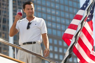 This film image released by Paramount Pictures shows Leonardo DiCaprio as Jordan Belfort in a scene from "The Wolf of Wall Street." The movie is nominated for an Oscar for best motion picture of the year as well as four other nominations. This year's best picture race at the 86th Academy Awards on Sunday, March 2, 2014, has shaped up to be one of the most unpredictable in years. (AP Photo/Paramount Pictures and Red Granite Pictures, Mary Cybulsk, filei)