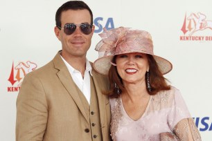 FILE - In this May 3, 2008, file photo, Carson Daly and his mother Pattie Daly Caruso arrive at the 134th Kentucky Derby at Churchill Downs in Louisville, Ky. Daly announced on Monday, Sept. 18, 2017, his mother died the previous day. (AP Photo/David Harpe, File)