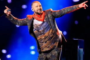 MINNEAPOLIS, MN - FEBRUARY 04: Recording artist Justin Timberlake performs onstage during the Pepsi Super Bowl LII Halftime Show at U.S. Bank Stadium on February 4, 2018 in Minneapolis, Minnesota. (Photo by Christopher Polk/Getty Images)