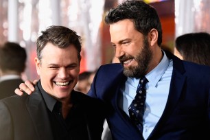 HOLLYWOOD, CA - JANUARY 09: Actors Matt Damon (L) and Ben Affleck arrive at the Premiere Of Warner Bros. Pictures' "Live By Night" at TCL Chinese Theatre on January 9, 2017 in Hollywood, California. (Photo by Frazer Harrison/Getty Images)