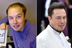 Elon Musk in 2000 (left) and at the 2018 Met Gala (right)