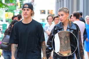 Justin Bieber with Hailey Baldwin still rocks his Selena Gomez tattoo (inset).