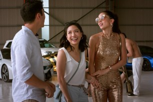 Henry Golding, Constance Wu and Sonoya Mizuno in "Crazy Rich Asians"