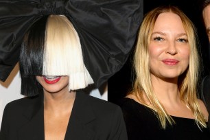 Sia with her famous wig on (L) and at the "Ozark" premiere on August 14th 2018 (R).