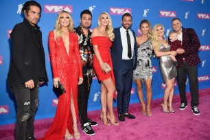 (From left) Justin "Bobby" Brescia, Stephanie Pratt, Frankie Delgado, Ashley Wahler, Jason Wahler, Audrina Patridge, Heidi Montag, Gunner Pratt and Spencer Pratt at the Video Music Awards on Monday, Aug. 20.