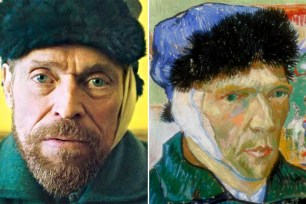 Willem Dafoe as Vincent van Gogh and "Self-Portrait with Bandaged Ear" by Vincent van Gogh