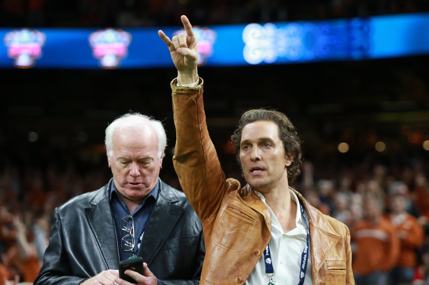 Matthew McConaughey stands on the Texas Longhorns sideline during the first half of the Allstate Sugar Bowl in New Orleans, Louisiana.