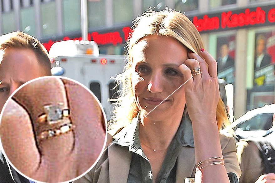 When news broke of Cameron Diaz’s engagement to Benji Madden, photos surfaced that showed her wearing a wide gold band with inlaid stones in place of a more traditional diamond ring. Since then, it looks as though she has replaced the band with another unique piece: a large diamond set in a gold square.