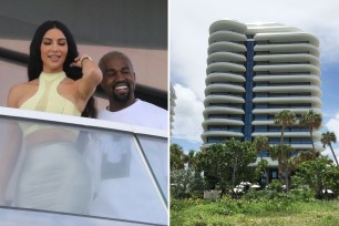 Kim Kardashian and Kanye West at the Miami beach condo building they put a down payment on