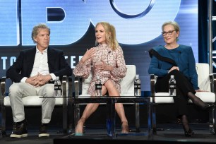 David E. Kelley (left to right), Nicole Kidman and Meryl Streep participate in the "Big Little Lies" panel during the HBO portion of the TCA Winter Press Tour.