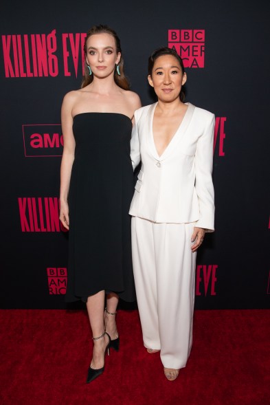 Jodie Comer and Sandra Oh attend the premiere of BBC America and AMC's "Killing Eve" in Hollywood.