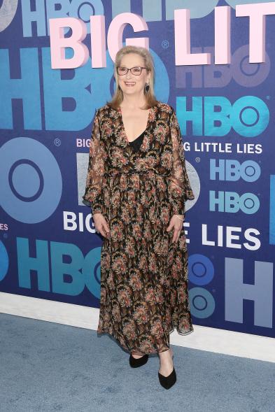 Meryl Streep makes her "Big Little Lies" debut in the second season as the mother of Perry Wright (Alexander Skarsgård). She kept her look simple but elegant in a printed long-sleeved dress with a peekaboo bustier.