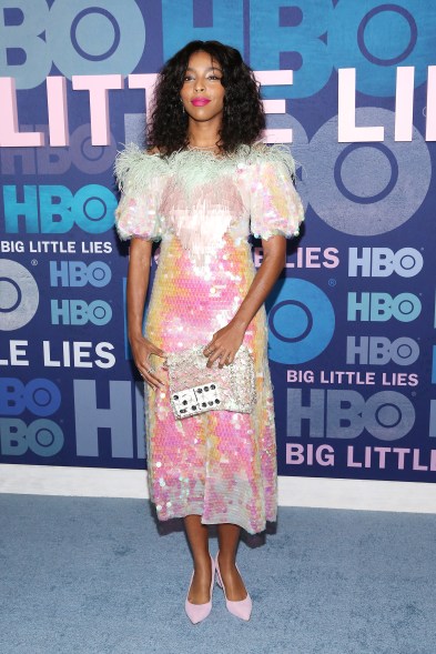 "Daily Show" correspondent Jessica Williams sparkled in a pink sequin dress with mint feathers and a clear bag with two dice inside.