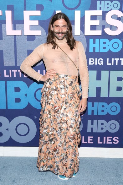 "Queer Eye" star Jonathan Van Ness didn't let a sprained ankle stop him from attending the premiere. In signature fashion, he wore a sheer top and printed maxi skirt with teal sneakers.