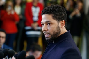 Jussie Smollett speaks with members of the media after his court appearance at Leighton Courthouse on March 26, 2019.