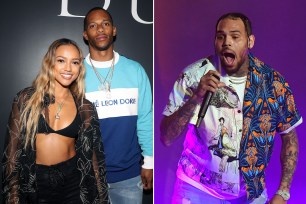 Victor Cruz and Karrueche Tran (L) and Chris Brown (R)