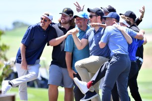 Chris Pratt and friends including Rob Lowe, Johnny Lowe, and Christopher Schwarzenegger