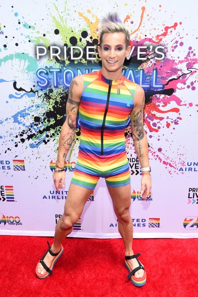 Frankie Grande went full rainbow in platform Tevas and a matching playsuit.