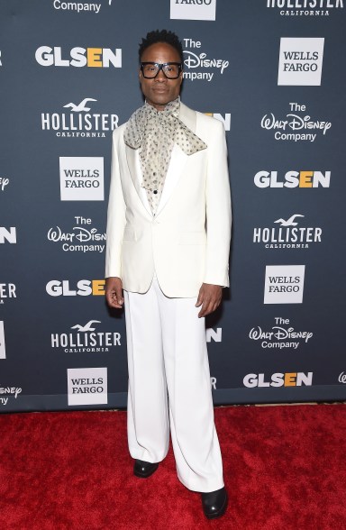 Pairing a white Todd Snyder blazer with a pussy-bow blouse for the GLSEN Respect Awards.