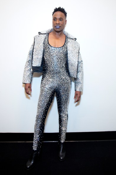 In a bejeweled bodysuit and matching jacket by The Blonds for the WorldPride NYC opening ceremony.