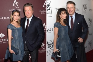 Hilaria Baldwin and Alec Baldwin at the 2019 ACE Awards (L) and in January 2015 (R)