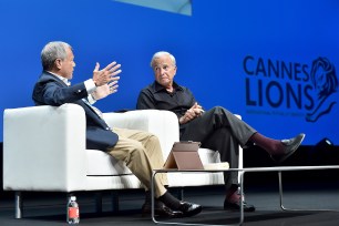 Martin Sorrell (left) and Ken Auletta speak during The Cannes Debate at Cannes Lions 2018