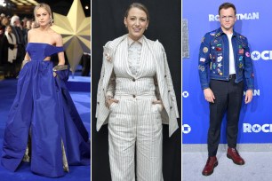 Brie Larson, Blake Lively and Taron Egerton in looks inspired by their characters'.
