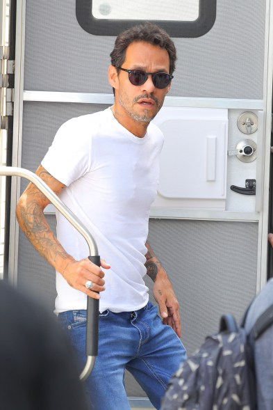 Marc Anthony looks slim while leaving his trailer on his way to rehearsal for the "In The Heights" movie in New York.