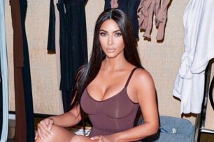 Kim Kardashian wearing her shapewear line, which will launch later this month under a new name.