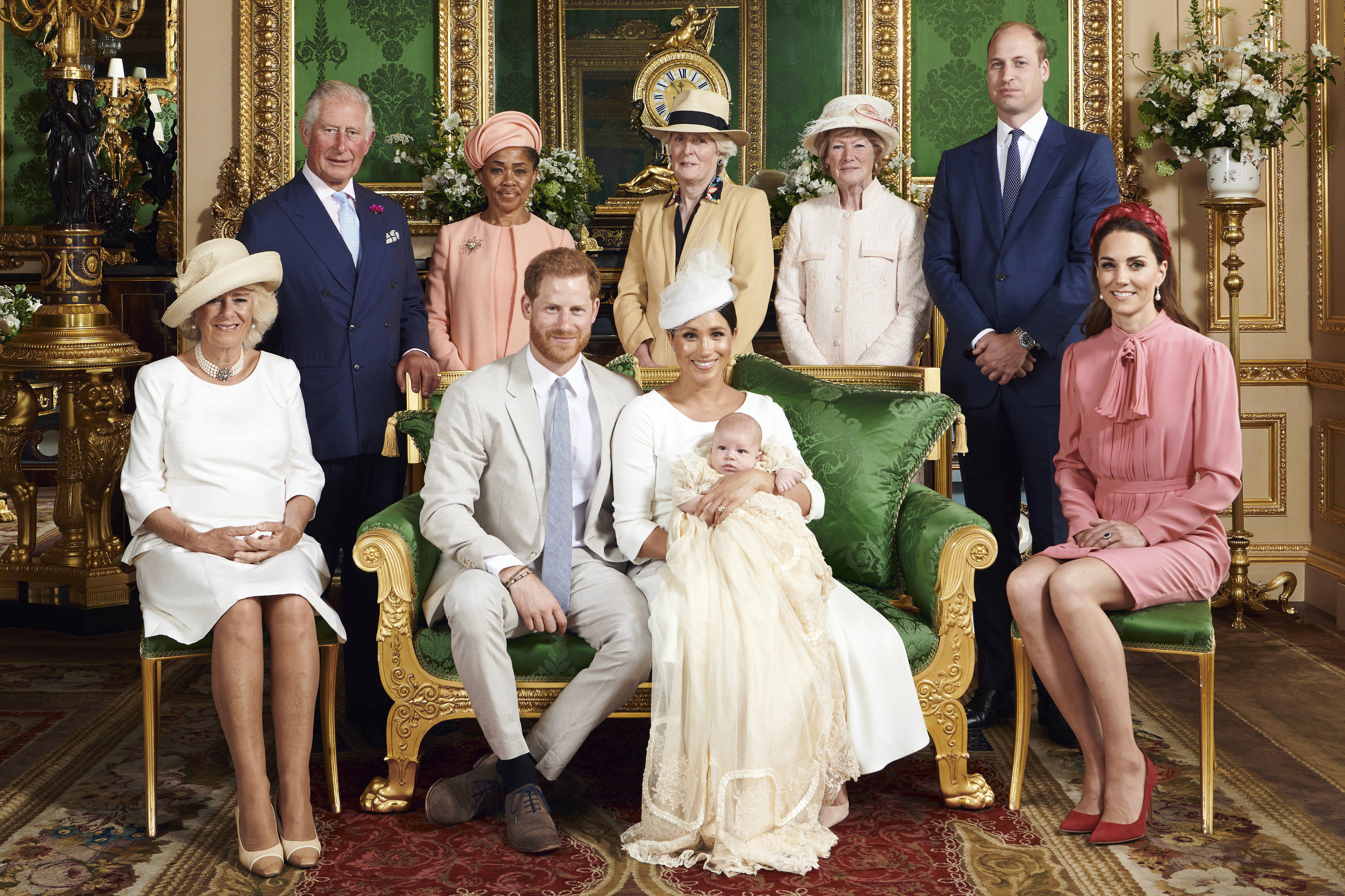 Prince Harry, Meghan Markle, the Duchess of Sussex with their son, Archie joined by Camilla Bowles, Prince Charles, Doria Ragland, Lady Jane Fellowes, Lady Sarah McCorquodale, Prince William and Kate Middleton for the baby's christening.