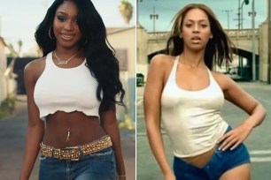 Normani in her "Motivation" music video and Beyoncé in "Crazy in Love"
