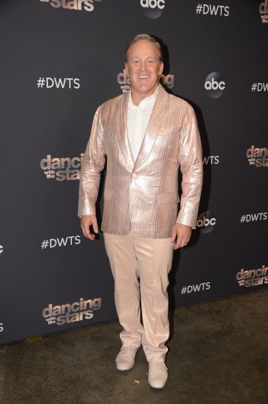 His last-ever look on the show was a sparkling blush blazer and pants.