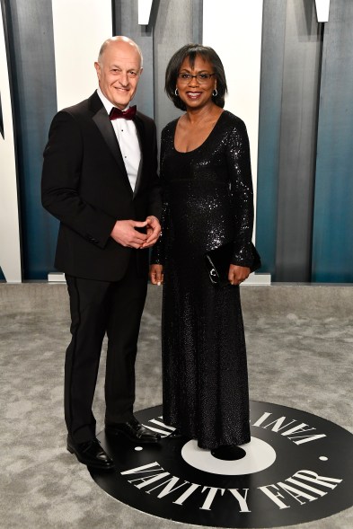 Anita Hill goes for sequined glamour in a black gown at Vanity Fair's 2020 Oscar Party.