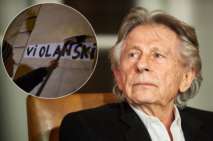 Roman Polanski and posters of protest outside the Cesar Cinema Awards Ceremony