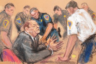 A courtroom sketch of Harvey Weinstein.