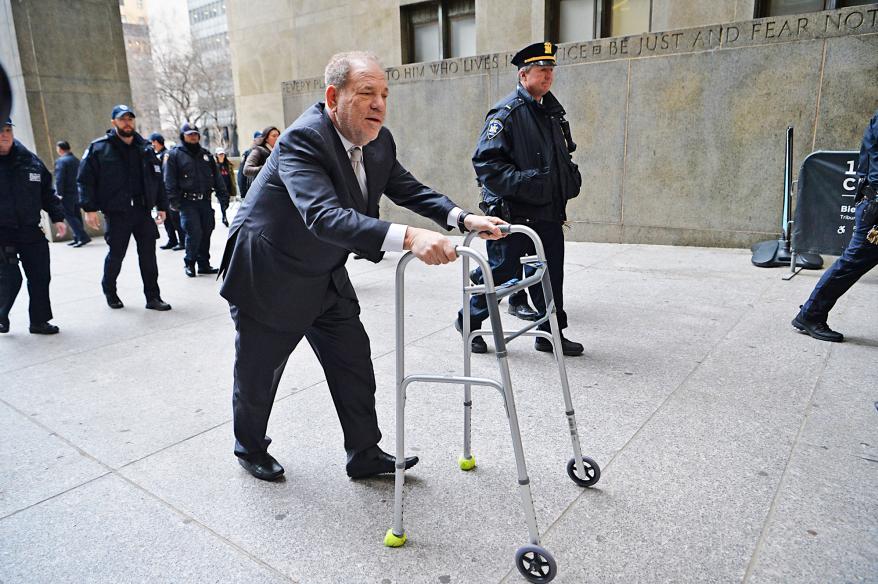 Disgraced movie mogul Harvey Weinstein arrives at court for the sixth day of his rape and sexual assault trial.