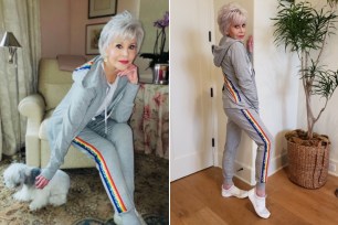 Jane Fonda shows off her rainbow-striped sweats benefiting Fire Drill Fridays and One Fair Wage.