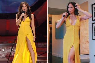 Katharine McPhee in her yellow dress on "American Idol" in 2006 (L) and in 2020 (R).