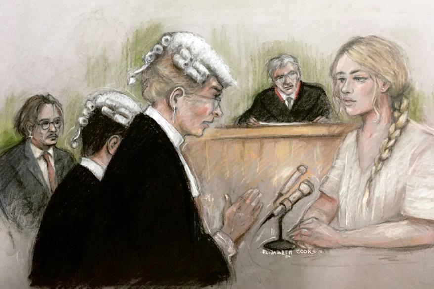 Court sketch by Elizabeth Cook of actress Amber Heard being questioned by Sasha Wass.