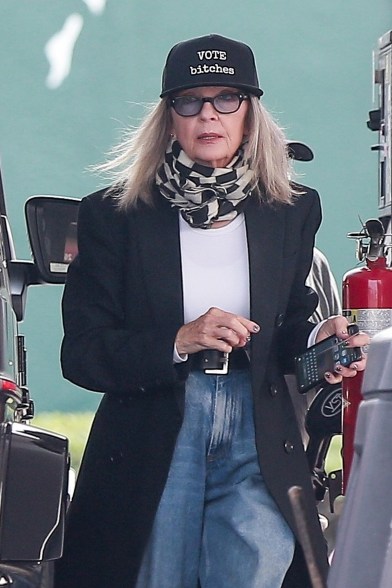 Diane Keaton makes a statement while filling her car with gas in Santa Monica, Calif.