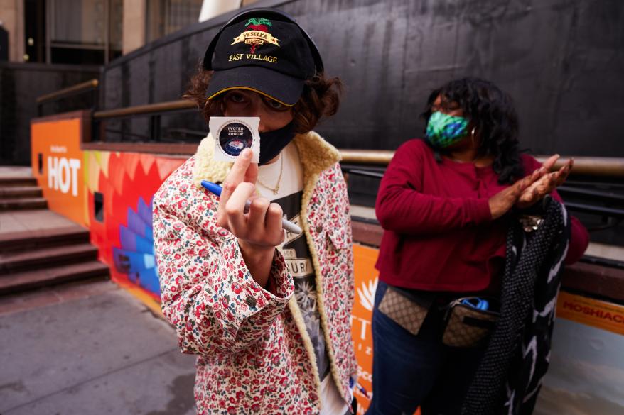 Actor Timothée Chalamet leaves Madison Square Garden after casting his vote early in the 2020 elections on Saturday, October 24, 2020 in New York, N.Y. (James Keivom for New York Post)