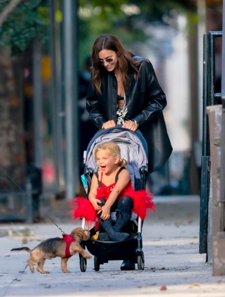 Irina Shayk and her daughter Lea have a happy visit from a puppy on their walk in New York.