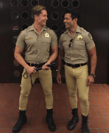 Mark Consuelos with a friend dressed as “CHiPS” characters Jon and Ponch.