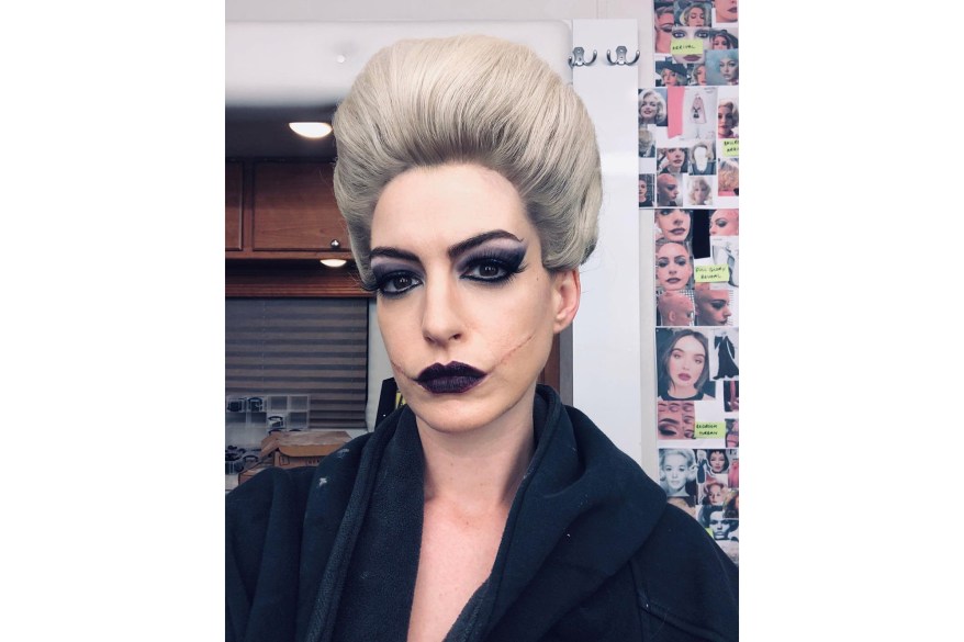 "Resting witch face" jokes Anne Hathaway, showing off her makeup from the new movie "The Witches."