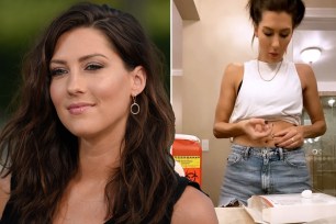 Becca Kufrin gives herself a shot as she prepares to freeze her eggs