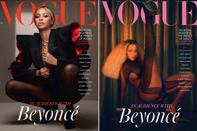 Beyoncé on the cover of British Vogue's December 2020 issue in Alexander McQueen (L) and Mugler (R).