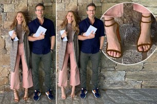 Blake Lively photoshops on her shoes (L) while posing with Ryan Reynolds